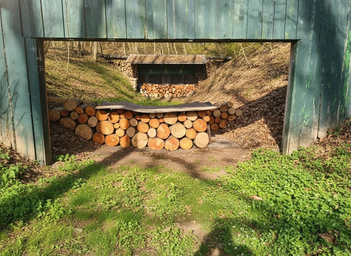 Kurzwaffenschießstand im Wald mit Holzstapel und Schießbahn